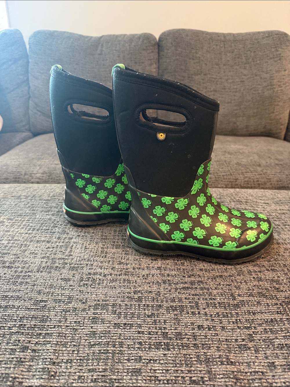 Bogs Kids Black Rain Boots with Neon Green Clover Print